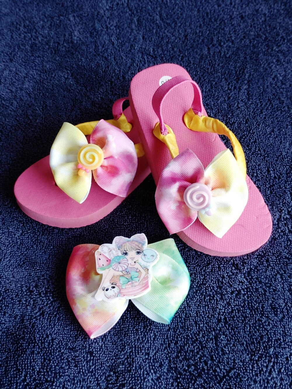 Handmade Decorated Flip Flops/Bow Pink And yellow Set 7/8
